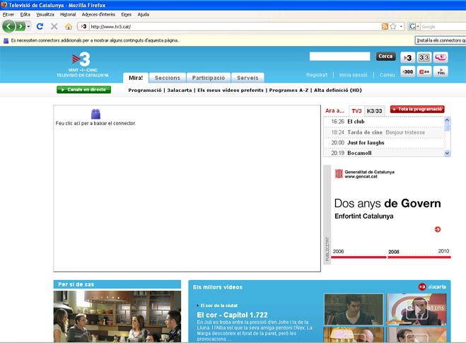 Pantalla on el Mozilla Firefox t'alerta que et falta un connector