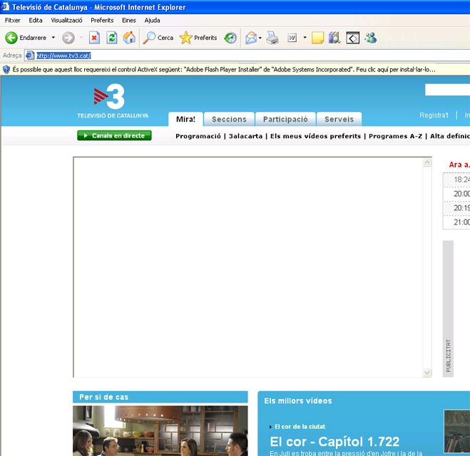 Avís de l'Internet Explorer alertant que fa falta l'Adobe Flash Player per visualitzar certes parts de la web