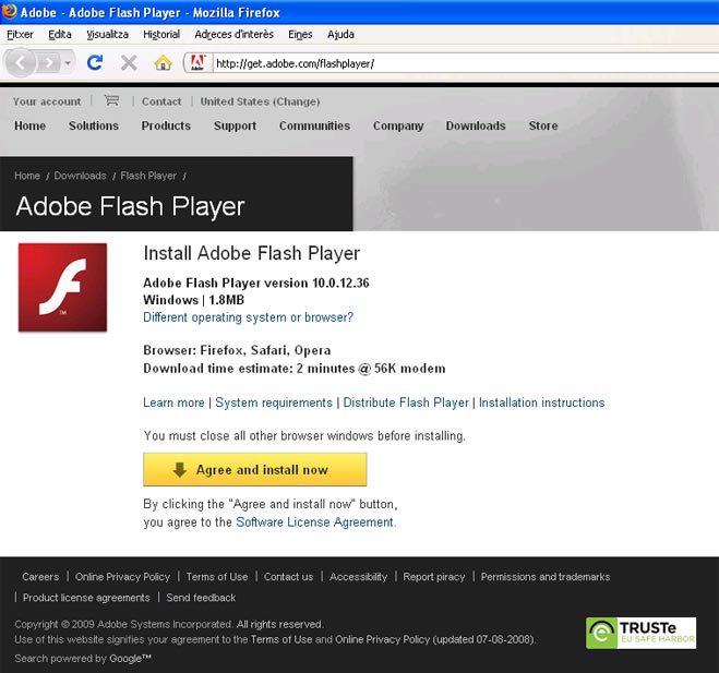Pantalla de l'Adoble Flash Player des d'on t'instal·laràs el connector